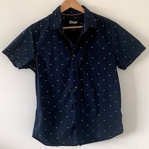 Plugg Short Sleeve Button Up Shirt Fishbone Pattern Shades Blue & White L